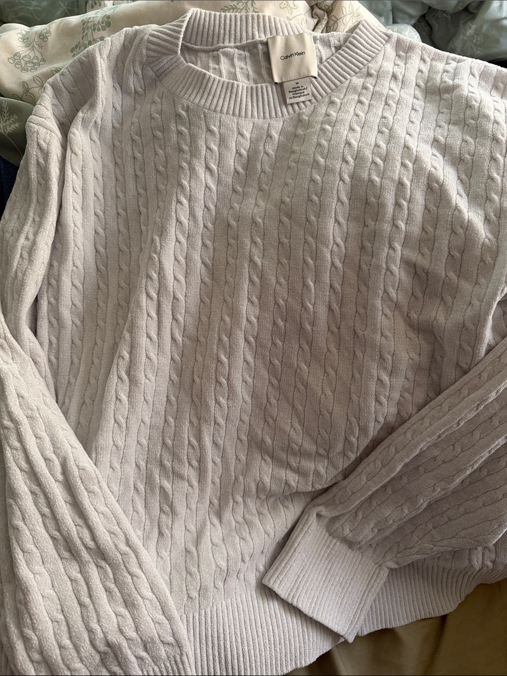Calvin Klein Men’s Light Cream Cable-Knit Crewneck Sweater